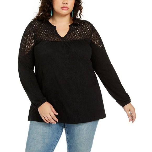 Style & Co Womens Plus Crochet Split V-Neck Long Sleeve Elastic Cuffs Top Black - Picture 1 of 8